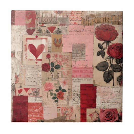 Vintage Romantische Rose Collage (1) Fliese (Vorderseite)