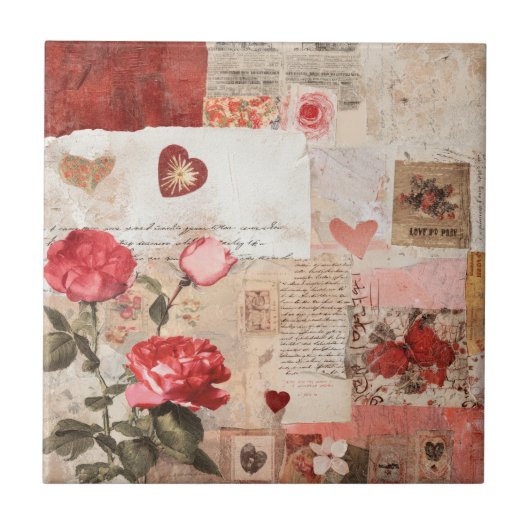 Vintage Romantische Rose Collage (3) Fliese (Vorderseite)