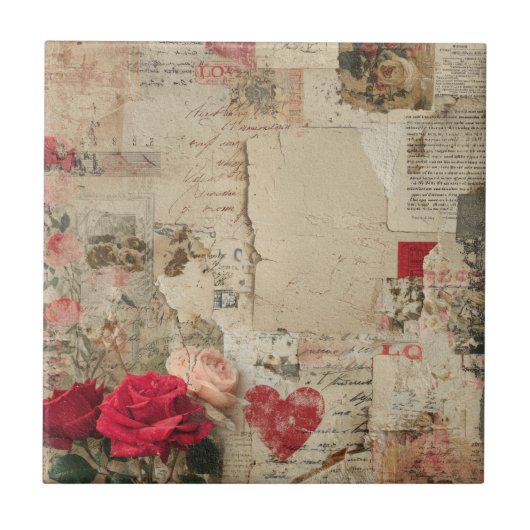 Vintage Romantische Rose Collage (4) Fliese (Vorderseite)