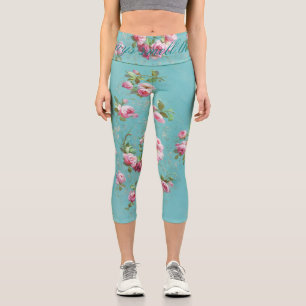 Vintage romantische Rosen auf blau Capri Leggings