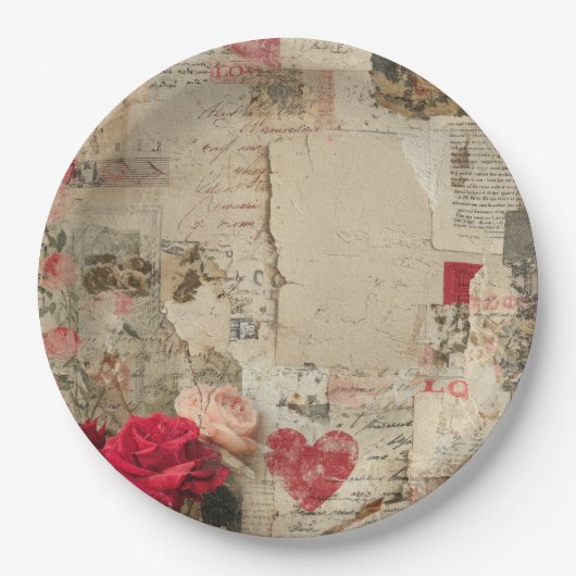 Vintage Romantische Rosen Collage (4) Pappteller (Vorderseite)