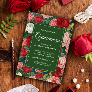 Vintage romantische Rote Rosen Blumenquinceanera Einladung