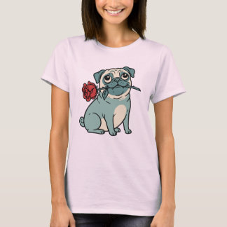 Vintage romantischer Mops-Hund hält rote Rose T-Shirt