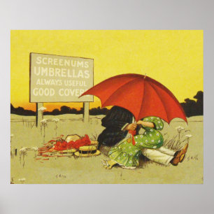 Vintage romantisches küssendes Paar roter Schirm l Poster