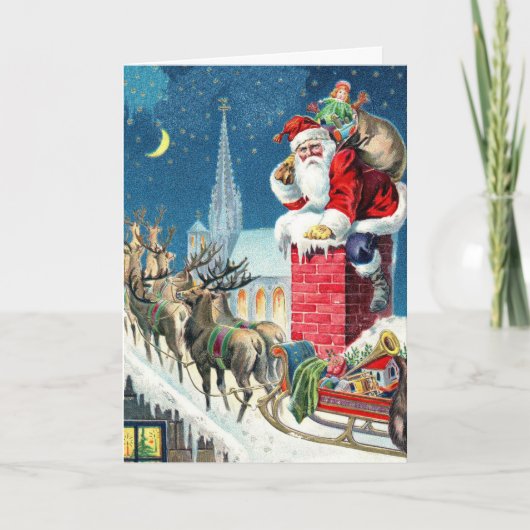 Vintage Rooftop Santa & Sleigh Christmas Feiertagskarte (Vorderseite)
