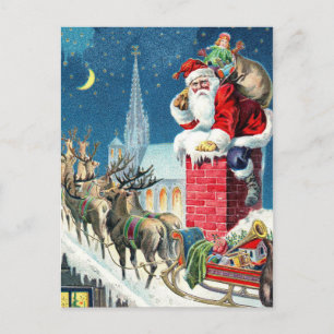 Vintage Rooftop Santa & Sleigh Christmas Feiertagspostkarte