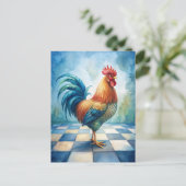 Vintage Rooster Blue White Checkered Postkarte (Stehend Vorderseite)