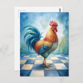 Vintage Rooster Blue White Checkered Postkarte (Vorne/Hinten)