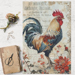 Vintage Rooster, Florals und Ephemera Decoupage Seidenpapier<br><div class="desc">Wunderschönes Vintages Dekogewebpapier mit blauen Hahn und roten Blumen auf gerötetem,  grungenhaftem Hintergrund. Ideal für Junk Journaling und kreative Projekte.</div>
