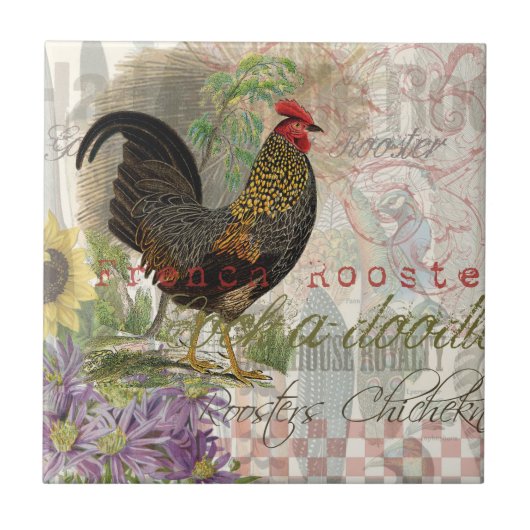 Vintage Rooster French Collage Farm Pet Fliese (Vorderseite)