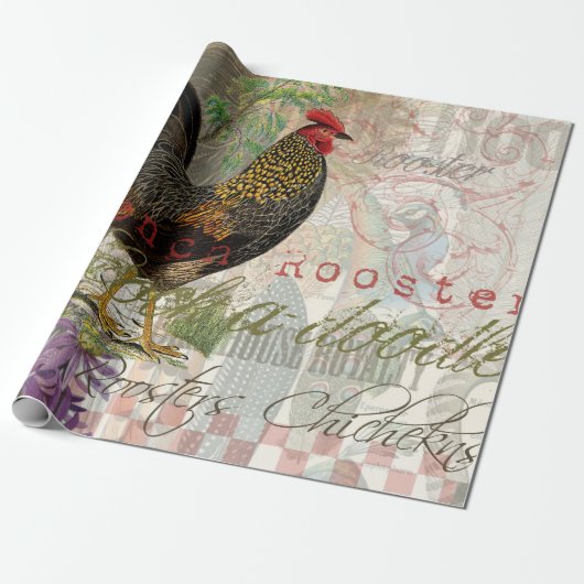 Vintage Rooster French Collage Farm Pet Geschenkpapier (Ungerollt)