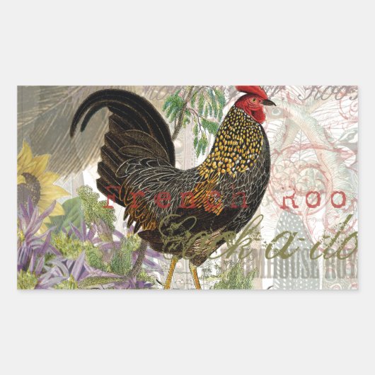 Vintage Rooster French Collage Farm Pet Rechteckiger Aufkleber (Vorderseite)