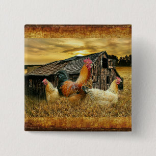 Vintage Rooster-Hühner Rustikaler Barcoop Button