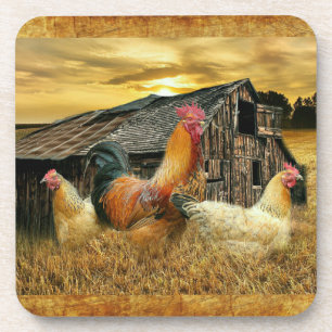 Vintage Rooster-Hühner Rustikaler Barcoop Getränkeuntersetzer