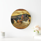 Vintage Rooster-Hühner Rustikaler Barcoop Große Wanduhr (Zuhause)