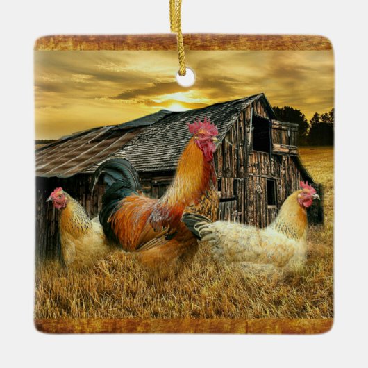 Vintage Rooster-Hühner Rustikaler Barcoop Keramikornament (Vorderseite)