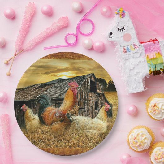 Vintage Rooster-Hühner Rustikaler Barcoop Pappteller (Party)