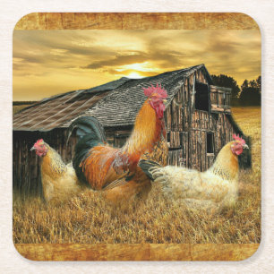 Vintage Rooster-Hühner Rustikaler Barcoop Rechteckiger Pappuntersetzer