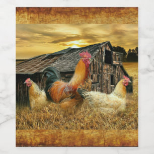 Vintage Rooster-Hühner Rustikaler Barcoop Weinetikett