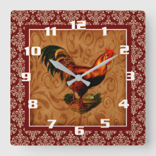 Vintage Rooster on a Rustic damask Pattern Quadratische Wanduhr