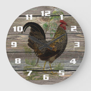 Vintage Rooster on Old Wooden Boards Kitchen Große Wanduhr