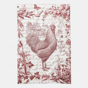 Vintage Rooster Rooster Roter Toile Blumenschrift Geschirrtuch