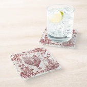 Vintage Rooster Rooster Roter Toile Blumenschrift Glasuntersetzer (Schrägansicht)