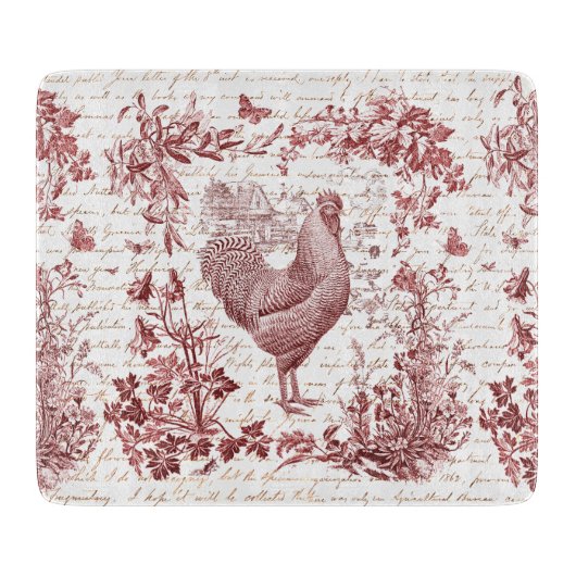 Vintage Rooster Rooster Roter Toile Blumenschrift Schneidebrett (Vorderseite)