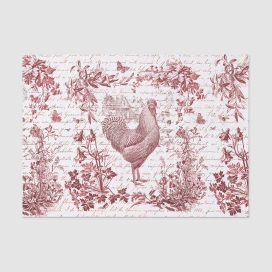 Vintage Rooster Rooster Roter Toile Blumenschrift Seidenpapier (Vorderseite)