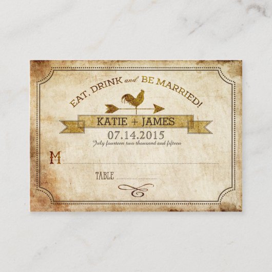 Vintage Rooster Rustic Country Wedding Platzkarten (Vorderseite)