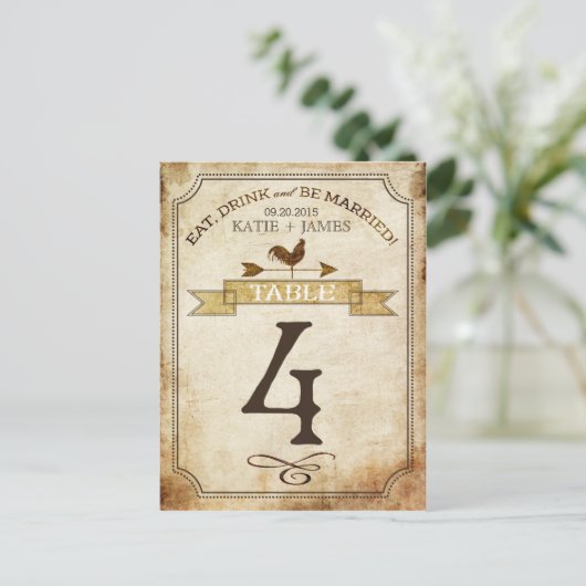 Vintage Rooster-Rustikal-Tischnummer Postkarte (Stehend Vorderseite)