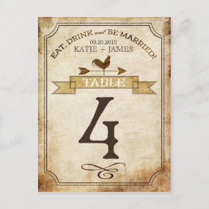 Vintage Rooster-Rustikal-Tischnummer Postkarte