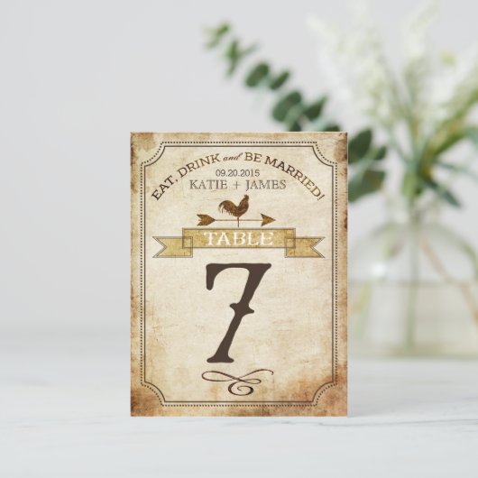 Vintage Rooster-Rustikal-Tischnummer Postkarte (Stehend Vorderseite)