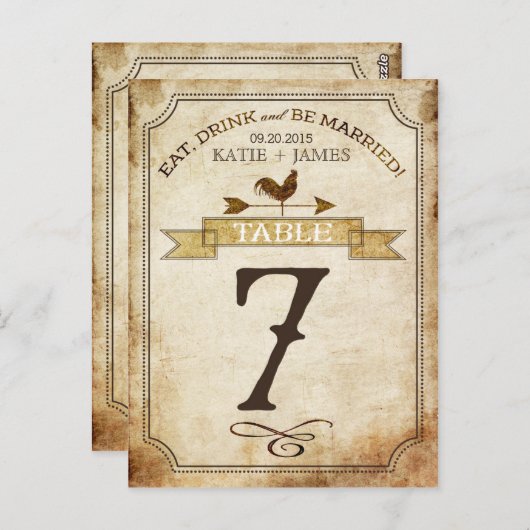 Vintage Rooster-Rustikal-Tischnummer Postkarte (Vorne/Hinten)