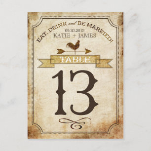 Vintage Rooster-Rustikal-Tischnummer Postkarte