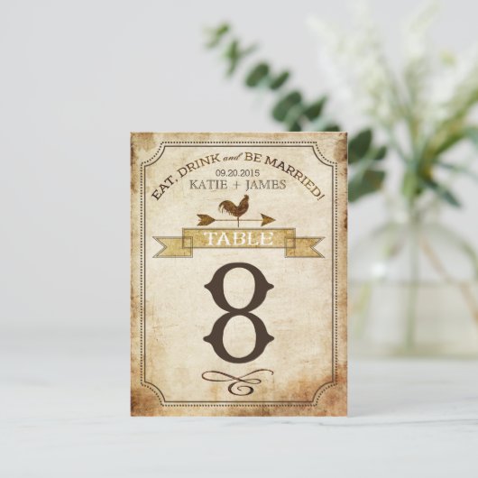 Vintage Rooster-Rustikal-Tischnummer Postkarte (Stehend Vorderseite)