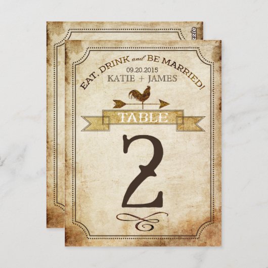 Vintage Rooster-Rustikal-Tischnummer Postkarte (Vorne/Hinten)