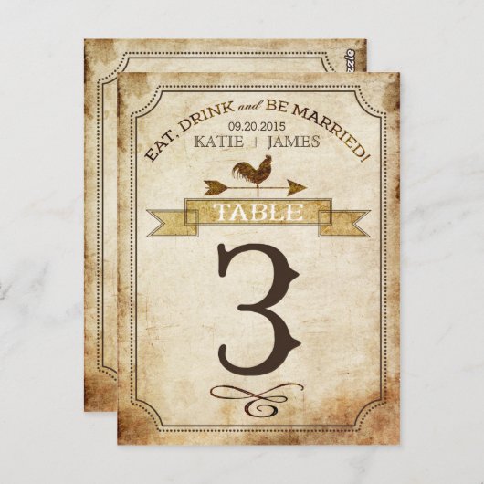 Vintage Rooster-Rustikal-Tischnummer Postkarte (Vorne/Hinten)