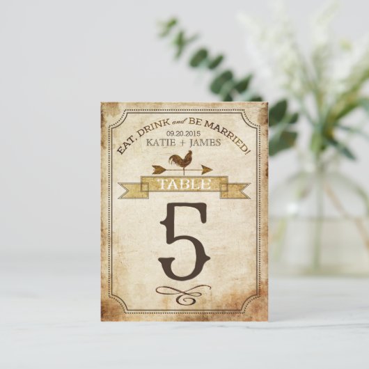 Vintage Rooster-Rustikal-Tischnummer Postkarte (Stehend Vorderseite)