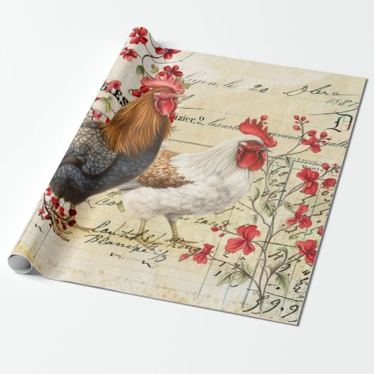 Vintage Rooster und Hen Ephemera Decoupage Geschenkpapier (Ungerollt)