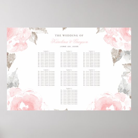 Vintage Rosa Aquarellfarben-Rose Hochzeitssitze Poster (Vorne)