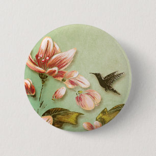 Vintage rosa Azaleen auf grünem Nebel Button