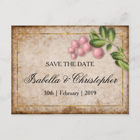 Vintage rosa Berries Hochzeit speichern das Datum Ankündigungspostkarte (Vorderseite)