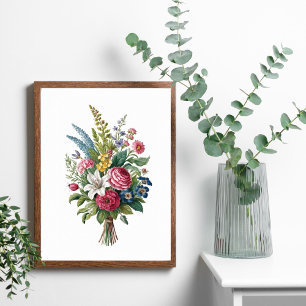 Vintage-Rosa-Blau-Gelb-Weiße-Wildblumenstrauß Poster