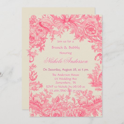 Vintage rosa Blume Brunch & Bubbly Einladung (Vorne/Hinten)