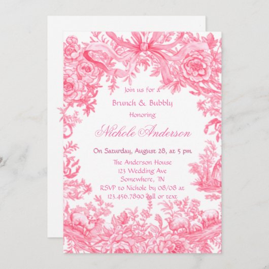 Vintage rosa Blume Brunch & Bubbly Einladung (Vorne/Hinten)