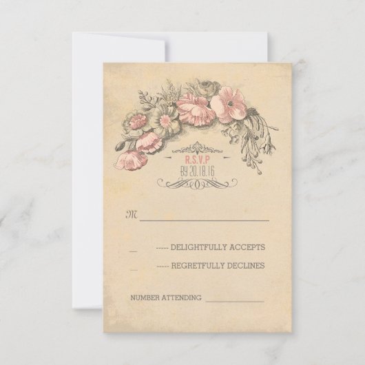 Vintage rosa Blume schick Hochzeit RSVP Karte (Vorderseite)