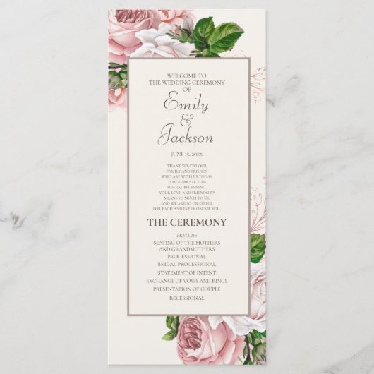Vintage-Rosa-Blumen-Cream-Hochzeitsprogramm Programm (Vorderseite)