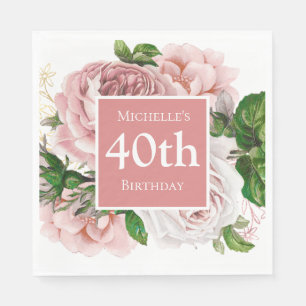 Vintage-Rosa-Blumen-Grün 40. Geburtstag Serviette