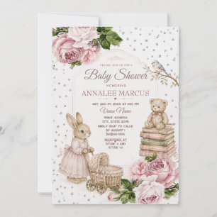 Vintage-Rosa-Blumen-Hase-Teddybär-Baby-Party Einladung